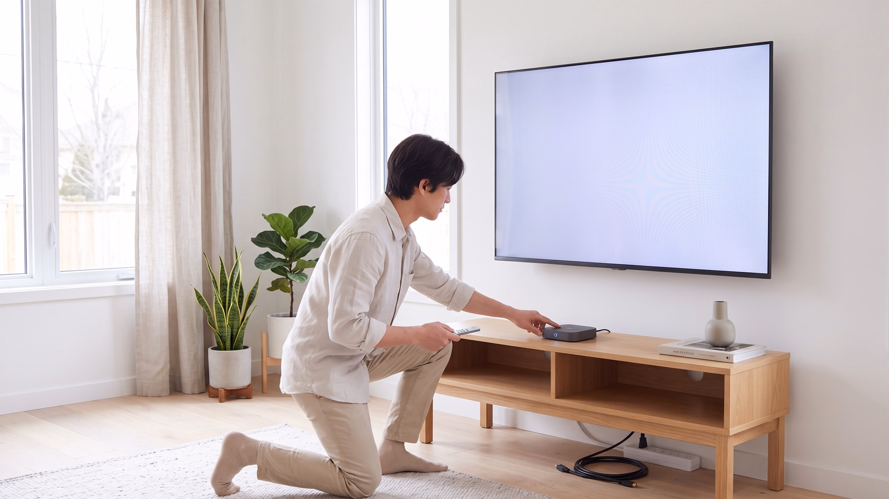 Une personne raccorde un boîtier IPTV au téléviseur mural d'un salon clair.