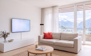 Salon avec un téléviseur mural, un canapé et une baie vitrée ouverte sur la montagne.
