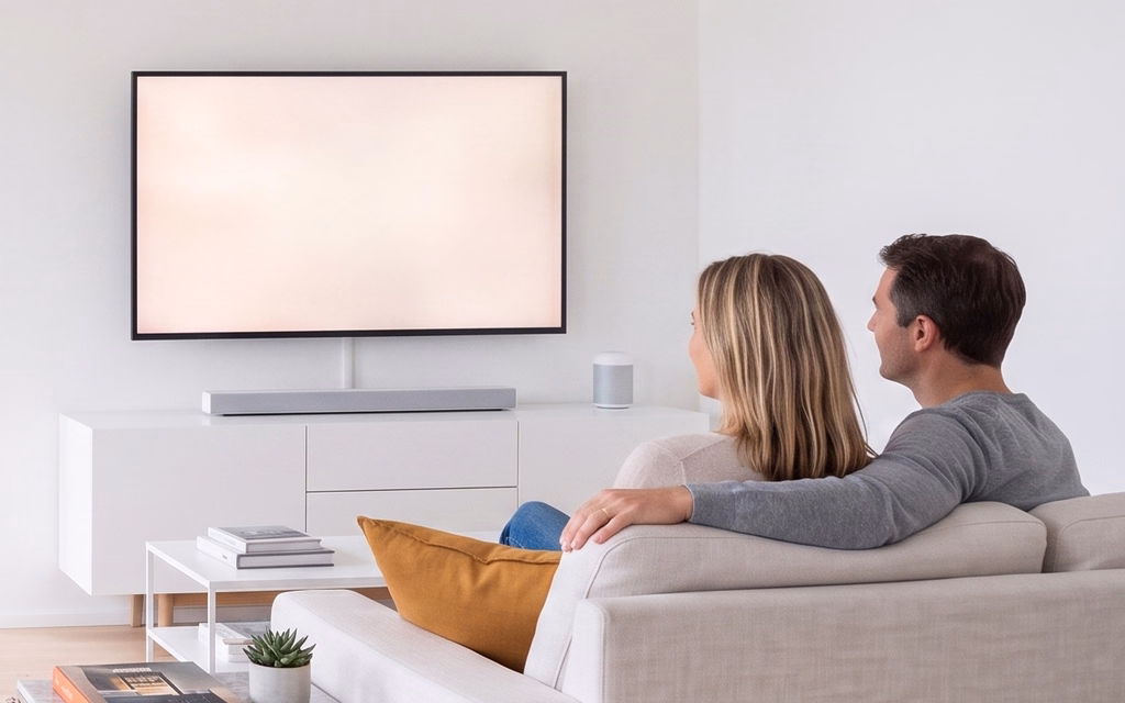Zwei Personen sitzen auf einem Sofa vor einem Wandfernseher, auf dem Sideboard steht eine Soundbar.